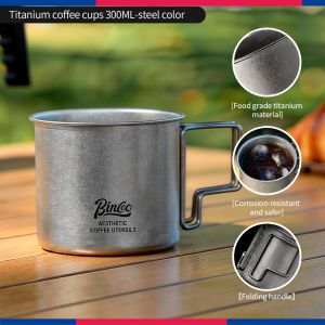 BINCOO Titanium Coffee Mug with Foldable Handle Outdoor Portable Camping Travel Cup 300ML
