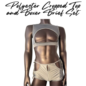 Mens Boxer: Polyester Gray Crop Top and Zipper Boxer Brief Set (LX199)