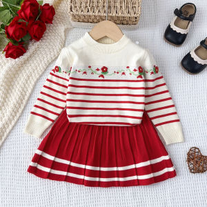 Bear Leader Ternos Baby Girl 2 Pieces Clothing Sets Fall 3D Floral Striped Sweater Pullover Shirt + Pleated Skirt Fashion Suits for 3-7 Years Childrens Knitting Clothes