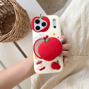 Kawaii 3D Red Shape Makeup Mirror Kickstand Case For iPhone 17 16 15 Pro Max Silicone Shell With Airpods Case Combo