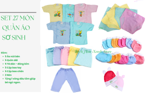 [TẶNG VÒNG DÂU TẰM ] Set 27 Quần Áo Tã Dán Tã Lót Khăn Sữa Sơ Sinh gồm 5 Áo màu + 5 Quần dài + 10 Bao Tay Chân + 2 Nón + 5 Tã dán