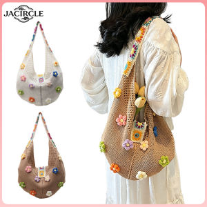 JACIRCLE Cute Flower Crochet Shoulder Bag Large Capacity Hollow Woven Tote Bag Bohemian Casual Beach Handbag