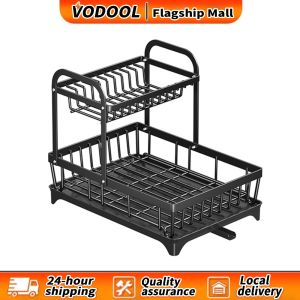 【Fast delivery】 42×30CM Thickened Carbon Steel 2 Tier Dish Drying Rack Large Capacity & Space Saving with Drainboard Non-Slip for Bowls Cutlery Kitchen Counter