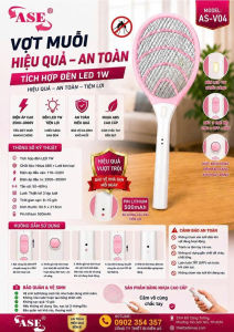 Vợt Muỗi Điện ASE AS-V04 Pin Lithium 500mAh Đèn LED 1W Sạc Trực Tiếp 220V Lưới 3 Lớp