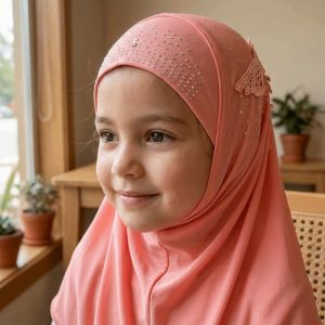 YIYU STUDIO Breathable Kids Hijab Ice Silk Lace Rhinestone Decor Head Wrap Stylish Solid Colors Headscarf Girls Aged 2 to 6Y
