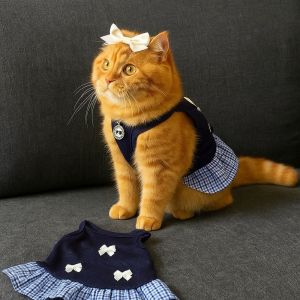 ER52858 Korean Style Dog Princess Skirt Breathable Thin Cat Bow Dress Pet Apparel Bowknot Plaid Pet Summer Clothes Photograph