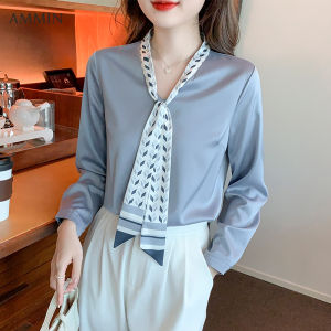 AMMIN 2022 Áo Voan Công Sở Cổ Chữ V Kiểu Pháp Thời Trang Phong Cách Phương Tây Mới Áo Kiểu Nữ Thanh Lịch Dài Tay Phong Cách Hàn Quốc Áo Ins Nữ