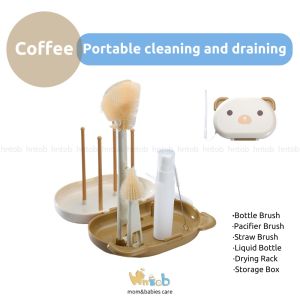 Hntob 6 in 1 Set Baby Bottle Brush 360° Travel Portable Nipple Straw Cleaning Kit Drying Rack Box