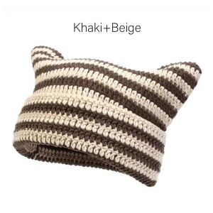 Cute Korean Style Cat Ears Beanie Hat for Women Winter Striped Korean Punk Gothic Y2K Wool Knitted Streetwear Handmade Crochet Bucket Cap