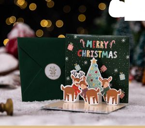 การ์ดคริสต์มาส3D ป๊อปอัพการ์ดอวยพรพร้อมซองจดหมายสติ๊กเกอร์เพื่อนครอบครัวพรโปสการ์ดสำหรับวันเกิดปีใหม่คริสต์มาสตกแต่ง