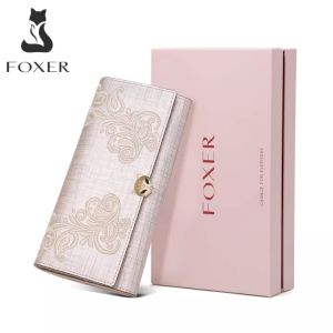 Leather Wallets for Women Split Cowhide Gift Box Packing Ladies Long Purses with Zipper Coin Pocket Womens Bifold Wallets Womens Elegant Clutch Real Leather Credit Card Holders (Gold)