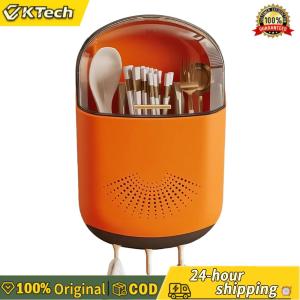【Vktech】Multi-Compartment Kitchen Cutlery and Spice Storage Box Wall-Mounted Dustproof Organizer for Spoons and Chopsticks