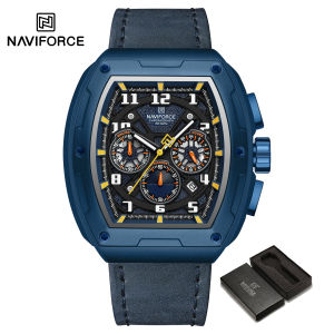 NAVIFORCE Original Men Watch Luminous Hands Big Dial Multifunction Watch 30m Waterproof  Casual Genuine Leather Wristwatch Quartz Calendar Stopwatch NF8053