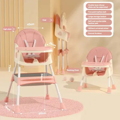Baby high chair Foldable Adjustable Tray&Backrest Universal Wheel Rocking Multifunctional Rocking chair
