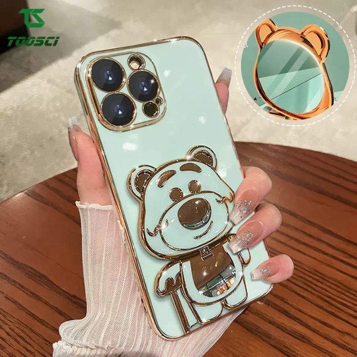 Luxury Cute Strawberry Bear Makeup Mirror Plating Phone Case Soft