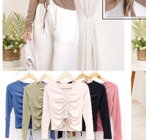 KNIT TOP VALEN Serut depan wanita lengan panjang Atasan baju serut depan rib rajut