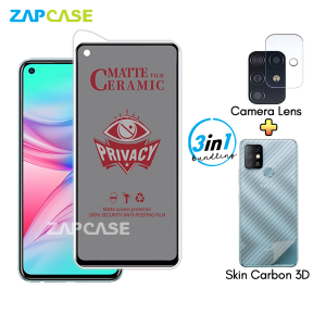 Paket 3in1 Anti Gores Layar Privasi Infinix Hot 10 Free Tempered Glass Camera dan Skin Carbon