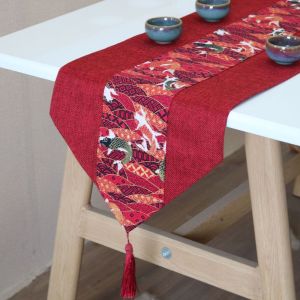 Rosalinddg cny decoration 2026 新年装饰品摆件 with Tassel Red Chinese Style Table Runner Luck Fish Printed Cotton Linen Table Cover New Year Vintage TableCloth Wedding Party