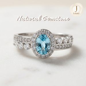 2-Layer Oval Aquamarine Titanium Ring with 6×4mm Blue Gemstone – White Finish (ADJUSTABLE RING)