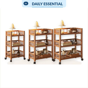 【DAILY ESSENTIAL】 3-Tier Rolling Storage Cart with Wheels Bamboo MDF Guardrail Mobile Utility Trolley Kitchen Bathroom