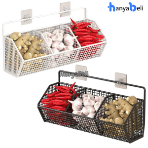 HBM Rak Penyimpanan Bawang Putih Jahe Rak Dapur Gantung Tempel Dinding Rak Keranjang Dapur Besi Wadah Tempat Penyimpanan Buah Sayur Telur Tomat