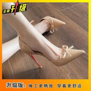 Free Shipping College-Style Red-Soled Side-Cutout Bow High Heels Pointed-Toe Slimming Elegant Shallow-Cut Patent Leather Nude Color