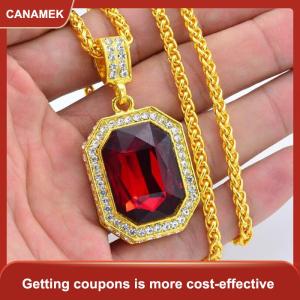 【CANAMEK 】 Inlaid Diamond Square Ruby Necklace Hip Hop Mens Pendant Red Stone Pendant Vintage Jewelry Costume Accessories