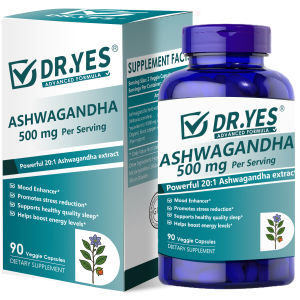 DR.YES Ashwagandha Capsules 500mg with Organic Black Pepper for Maximum Absorption Stress Relief Memory Focus Mood & Sleep