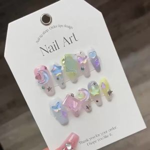 [Artificial Nails Mocha Diamond Dream Star Moon Macaron Dopamine Candy Sweet Phototpy Nails]