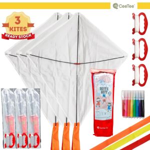 DIY Diamond Kites for Kids 3 PCS Layang Layang Easy Flying Long Tail 150cm Kite Making Pack Kit | Senang Terbang Large Size 71cmx61cm