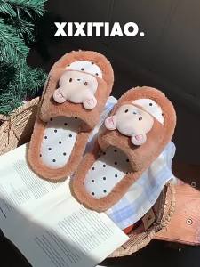 XIXITIAO รองเท้าแตะรองเท้าแตะผ้าฝ้ายในร่มน่ารักลายจุดนุ่มหมีน่ารักหนึ่งคำรองเท้าแตะผ้าฝ้ายเด็กผู้หญิงหัวใจฤดูใบไม้ร่วงฤดูหนาว Comfort บ้านสไตล์เกาหลีรองเท้าแตะขน Ins