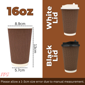 50pcs 8oz/12oz/16oz Brown Pearl Rippled Coffee Cups with Black Flip Lid Double Wall Coffee Cup