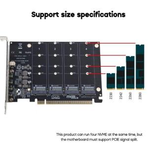 NVME M2 M-KEY SSD RAIDs PCIE X16 Array Expansion Adapter Board PCIE Split with All-Aluminum Heatsink Pad