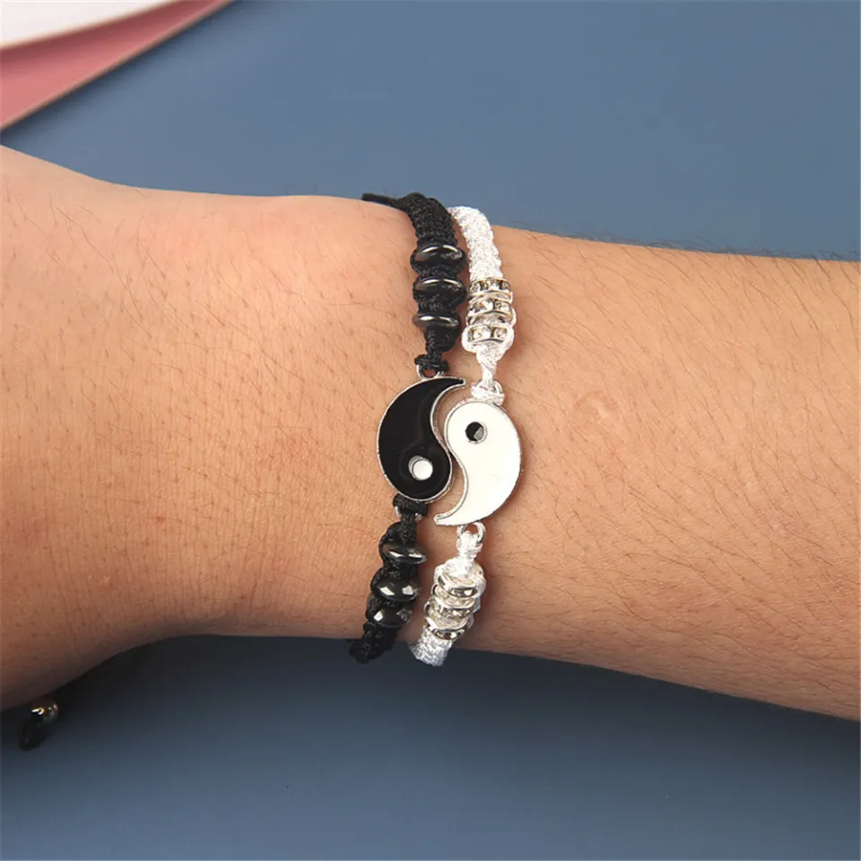8 Pieces Matching Yin Yang Pendant Necklace Bracelet Set Couple Necklace  Adjustable Cord Bracelet Black White Bracelet Accessories for BFF Friendship