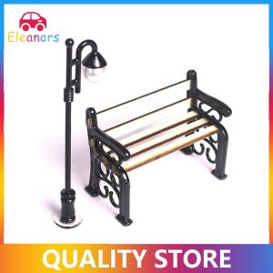 [Eleanor] 2Pcs set 1:12 Dollhouse Miniature Wooden Park Bench Street Lamp Suit Fairy Garden Ornaments Outdoor Furniture Model Decor Toys