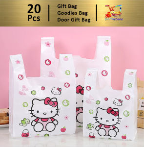 Gift Bag 20pcs Goodies Bag Door Gift Wedding Party (115) Hello Kitty Pink White Cartoon Thickened Shopping Beg Food Takeaway Baking Packing Vest Plastic Bag