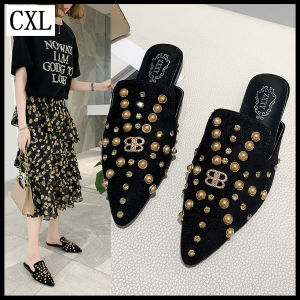 CXL Brand Fashion Slippers Beautiful Gold Pearls Inlay Flat Mules Sandals For Women (Size 35-40)