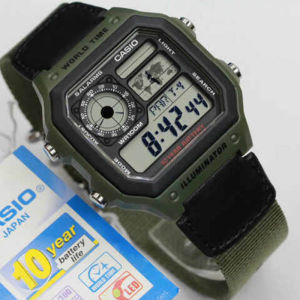 Jam Tangan Pria Casio illuminator World Time Kanvas Strap mens AE1200WHB Digital