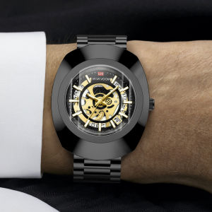 Mens gold-colored diamond-embellished waterproof steel band quartz business watch