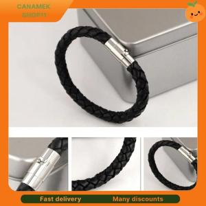 ❣️❣️❣️ Women Men Black Leather Charm Wristband Stainless Steel Magnetic Clasp Bracelet