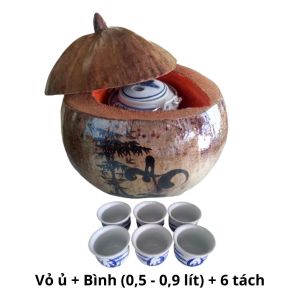 Bình ủ trà trái dừa khắc chữ An / Bình trà 04 - 09 lít / Giữ ấm từ 3 - 6 giờ / Sản phẩm sản xuất thủ công / Xưởng sản xuất tại Bến Tre