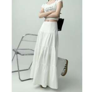Elegant High-Waist A-Line Midi Skirt with Tiered Hem for Women CC