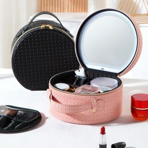 BAIXL Di động Hộp trang điểm có đèn Bộ chia điều chỉnh Da PU Bộ tổ chức đồ dùng du lịch Sang trọng Chống nước Hộp lưu trữ mỹ phẩm có đèn Du lịch