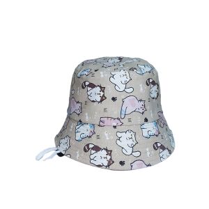 Topi Bucket Anak Tali Bahan Canvas Motif Kucing Usia 2 - 7 Tahun