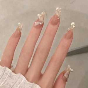 24pcs Nail Art Pearl Manicure Fake Nails Set with Glue False Nails Stickers