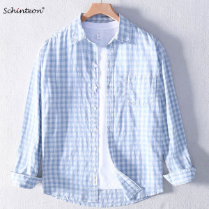 Schinteon Men 100% Pure Cotton Plaid Thin Shirt Long Sleeved Turn-down Collar High Quality Spring Summer Casual Loose Top 20262026