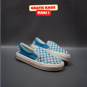 SEPATU VANS21 SLIP ON VAULT OG CHECKERBOARD BIRU LAUT PUTIH KANVAS 36-43