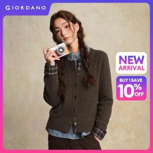GIORDANO Women Cardigans Contrast Plaid Trim Cable Knit Cardigans Crewneck Fashionable Casual Relaxed Cardigans 18356916