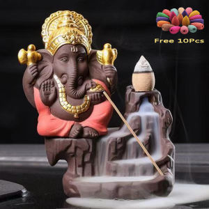 Ganesha Backflow Incense Burner Elephant God Waterfall Incence Stick Holder Ceramic Lotus Censer 象神倒流香炉 陶瓷香炉 檀香 莲花熏香炉