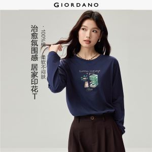 Giordano Beau Monde Women Weekend themed print long sleeve cotton tee Free Shipping 13396795